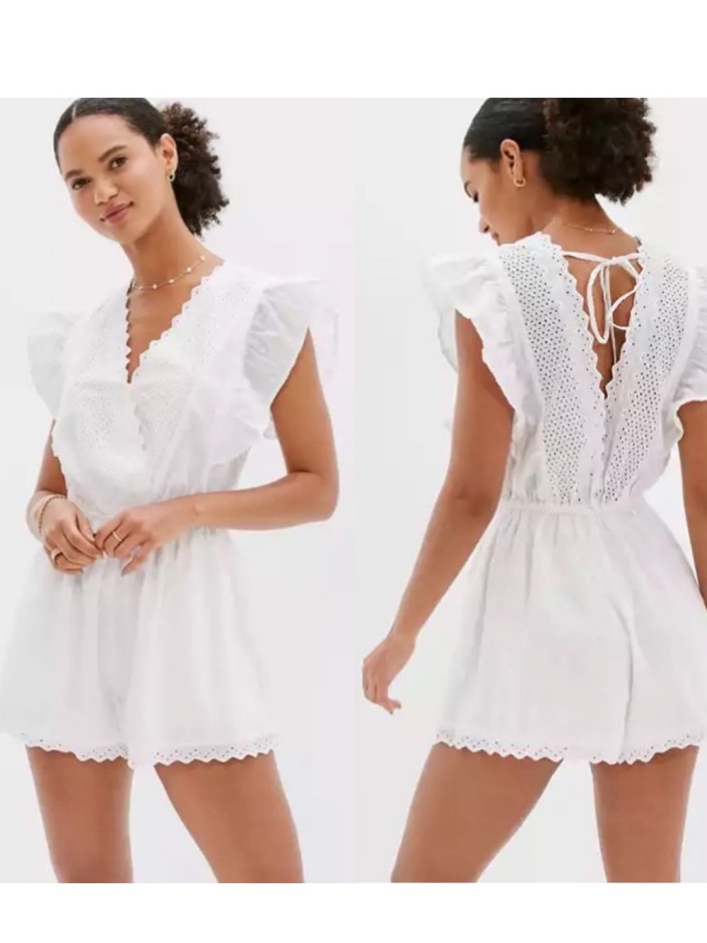 American Eagle Garden Party Wrap Romper White Eyelet Lace and Ruffle Size small